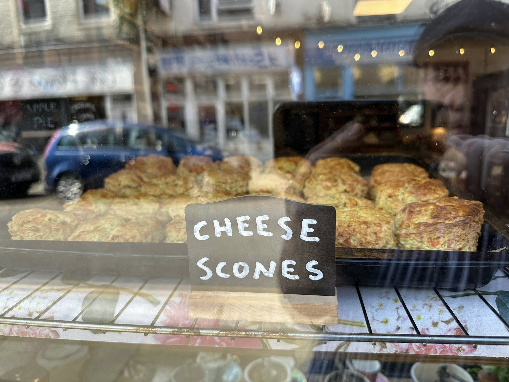 Cheese scones in the window at The Vintage Vault bakery, Sheerness